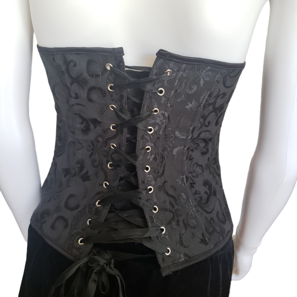 Women's Black Jacquard Strapless Lace-Up Back Bustier Corset Top Size M - Picture 6 of 17